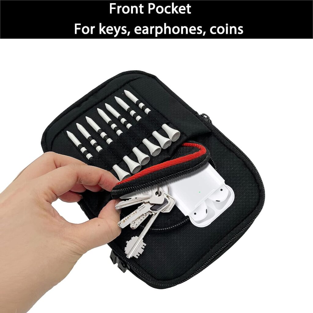 Golf Ball Bag Pouch with Front Tee Holder | Store 12-15 Balls | Separate Zipper Pockets for Valuables and Accessories | Velcro Sleeve and 7 Front Tees Slots | Detachable Clip | 10 Bamboo Tees with Stripes