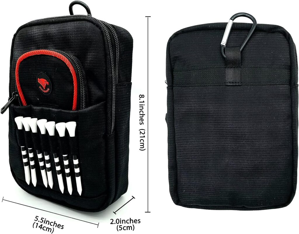Golf Ball Bag Pouch with Front Tee Holder | Store 12-15 Balls | Separate Zipper Pockets for Valuables and Accessories | Velcro Sleeve and 7 Front Tees Slots | Detachable Clip | 10 Bamboo Tees with Stripes