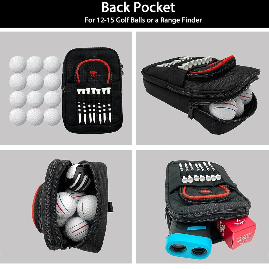 Golf Ball Bag Pouch with Front Tee Holder | Store 12-15 Balls | Separate Zipper Pockets for Valuables and Accessories | Velcro Sleeve and 7 Front Tees Slots | Detachable Clip | 10 Bamboo Tees with Stripes