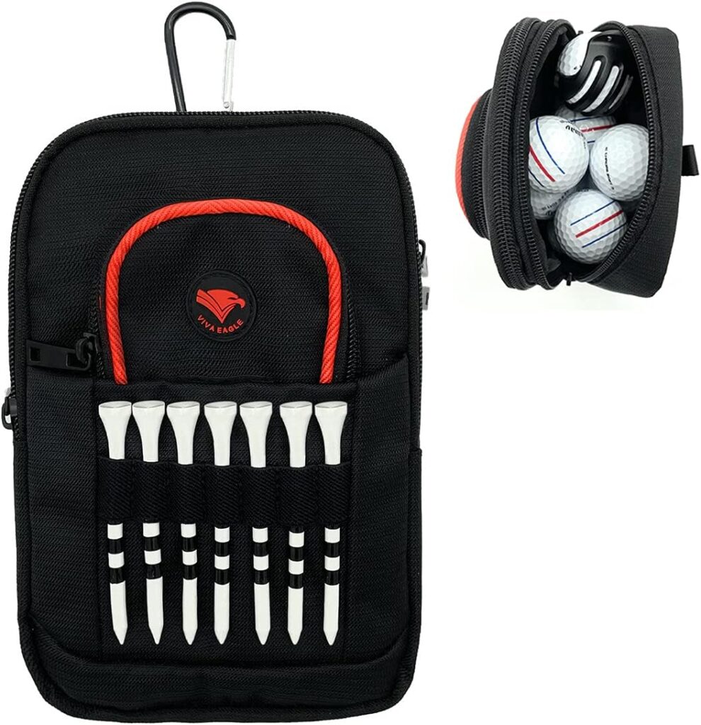 Golf Ball Bag Pouch with Front Tee Holder | Store 12-15 Balls | Separate Zipper Pockets for Valuables and Accessories | Velcro Sleeve and 7 Front Tees Slots | Detachable Clip | 10 Bamboo Tees with Stripes
