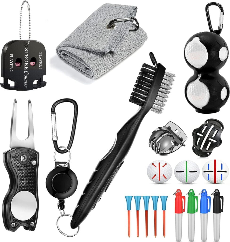 Golf Cleaning Kit (16 in 1), Golf Towel, Cleaning Brush, Divot Repair Tool, Golf Ball Alignment Kit, Score Counter, Golf Ball Holder Tee, Golf Accessories, Make Perfect Golf Gifts for Men or Women! Golf Cleaning Kit (16 in 1), Golf Towel, Cleaning Brush, Divot Repair Tool, Golf Ball Alignment Kit, Score Counter, Golf Ball Holder Tee, Golf Accessories, Make Perfect Golf Gifts for Men or Women!