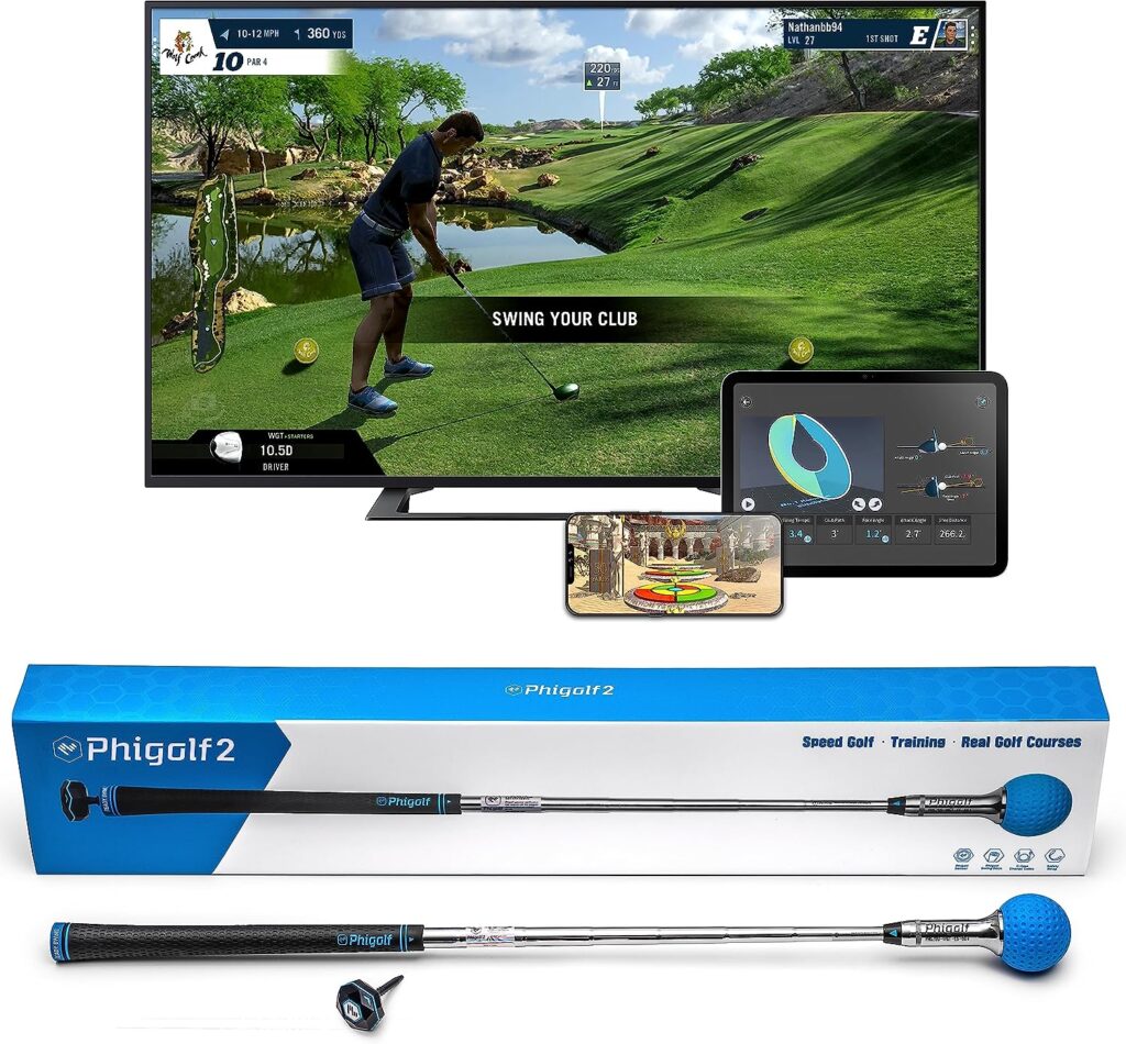 PHIGOLF Phigolf2 Golf Simulator with Swing Stick for Indoor Outdoor Use, Golf Swing Trainer with Upgraded Motion Sensor 3D Swing Analysis, Compatible WGT/E6 Connect APP, Works with Smartdevices