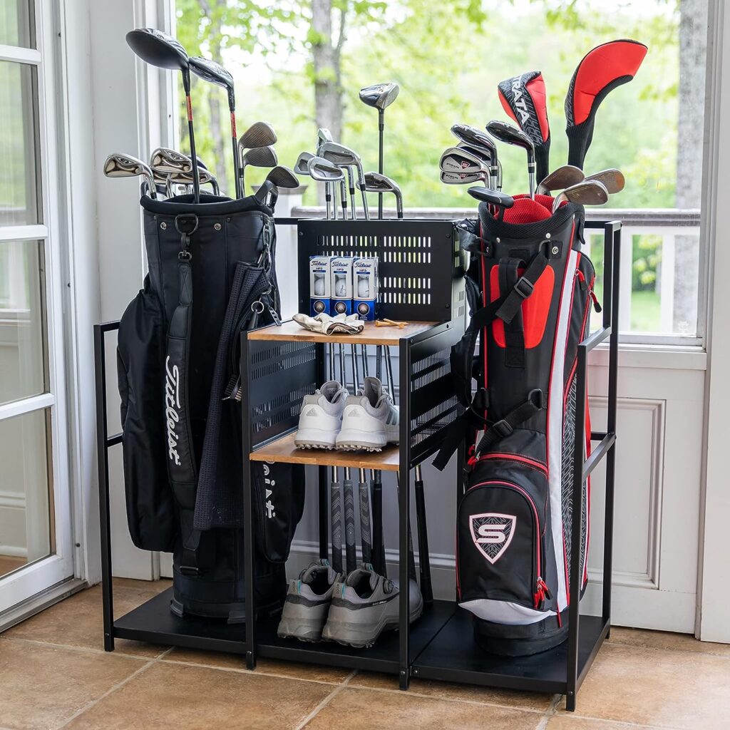 Teal Triangle Freestanding Golf Club Organizer, Stylish Heavy Duty Garage Storage Floor Stand, Holds Golf Bags Shoes Clubs Balls and More