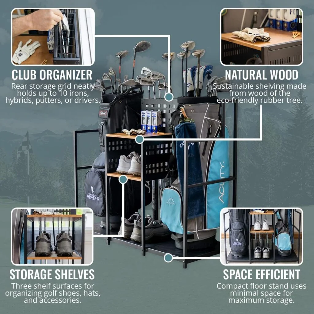 Teal Triangle Freestanding Golf Club Organizer, Stylish Heavy Duty Garage Storage Floor Stand, Holds Golf Bags Shoes Clubs Balls and More