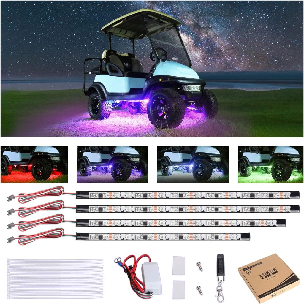10L0L Golf Cart Underglow LED Light Strip Kit, 22 Modes Glow Neon Underbody Lighting with Wireless Remote Control, Sound Active, Water Resistant Flexible Tubes 4 Pack 10L0L Golf Cart Underglow LED Light Strip Kit, 22 Modes Glow Neon Underbody Lighting with Wireless Remote Control, Sound Active, Water Resistant Flexible Tubes 4 Pack