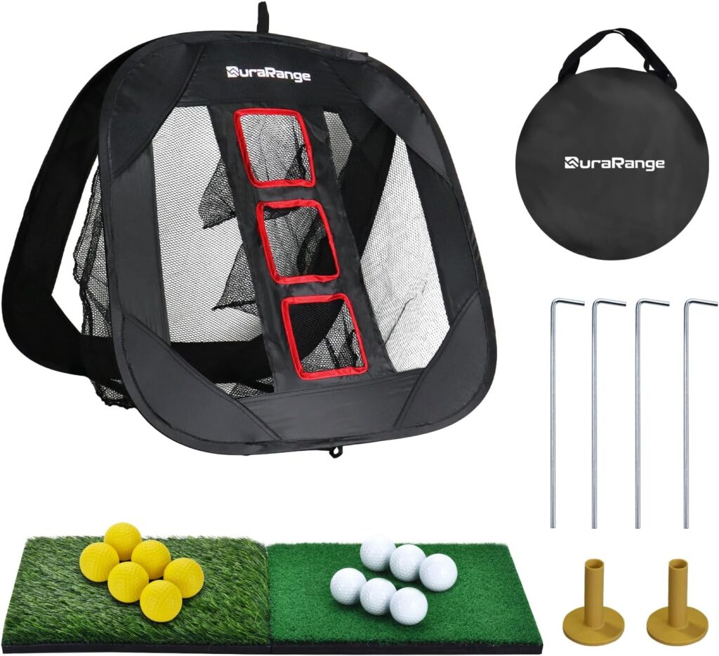 DURARANGE Pop-up Golf Chipping Net Set - Foldable Training Kit with 2 Hitting Mats, 6 Practice Balls, 6 Foam Balls - Ultimate Golf Gift  Target Chipping Aids DURARANGE Pop-up Golf Chipping Net Set - Foldable Training Kit with 2 Hitting Mats, 6 Practice Balls, 6 Foam Balls - Ultimate Golf Gift  Target Chipping Aids