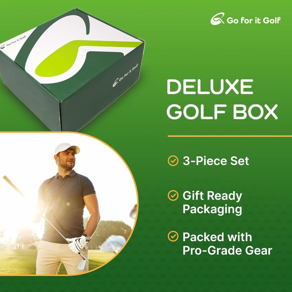 Go For It Golf Box - Ultimate Golf Kit Essentials for Men  Women, Premium Golfing Accessories, Golfer Training Tools  Gear - Deluxe Box (Net/Turf/Balls)