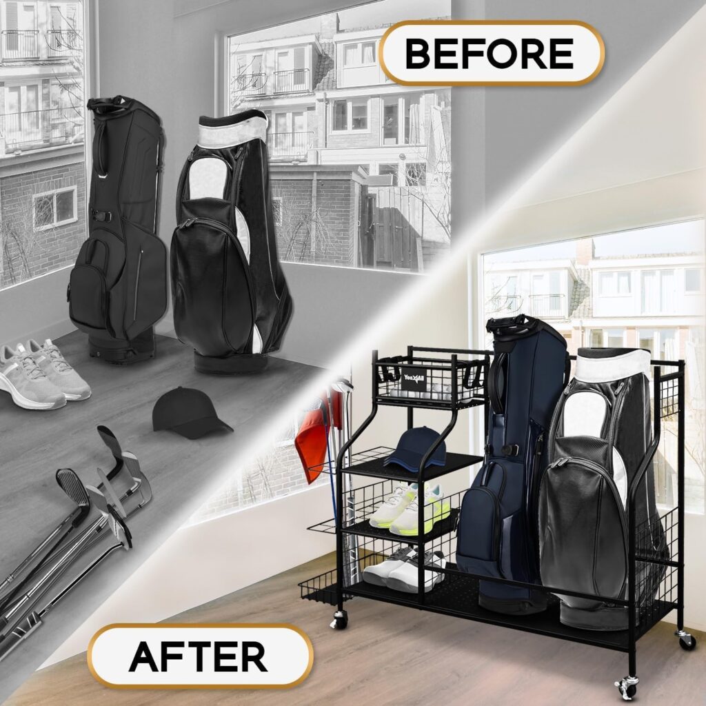 Yes4All Golf Bags Storage Garage Organizer, Golf Club Storage Stand and Lockable Wheels for Garage Indoor Basement, Extra Rack for Golf Clubs and Other Golfing Equipment