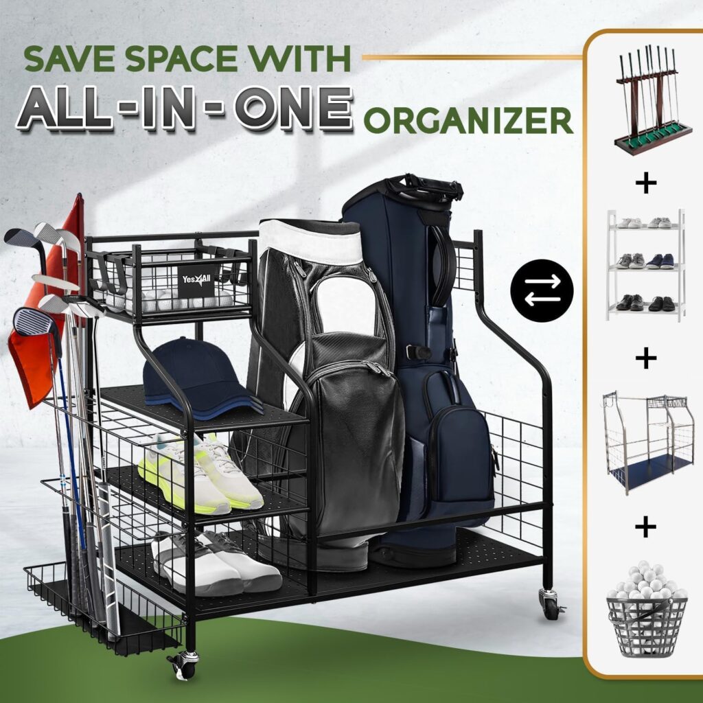 Yes4All Golf Bags Storage Garage Organizer, Golf Club Storage Stand and Lockable Wheels for Garage Indoor Basement, Extra Rack for Golf Clubs and Other Golfing Equipment